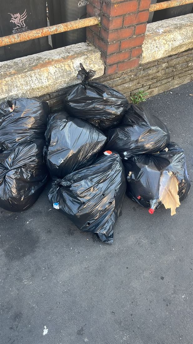 Rubbish bags stacked on a pavement awaiting collection